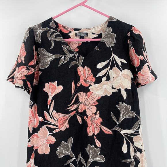 NICOLE MILLER Original Dress Size Small Floral Short Sleeve Linen Blend Black - Picture 5 of 15